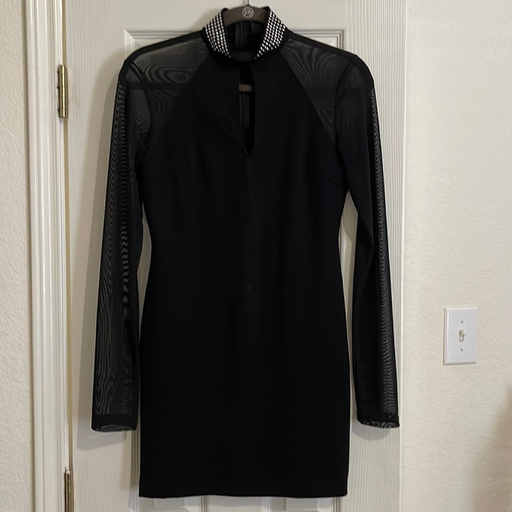 Black dress long sleeve see-through sleeves high neck